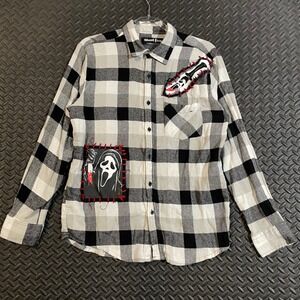 Scream Ghost Face Black White Button Up Flannel Checker Patchwork Men Size Large
